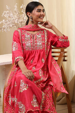 Coral-Red Silk Chanderi Gathered Suit Set image number 0