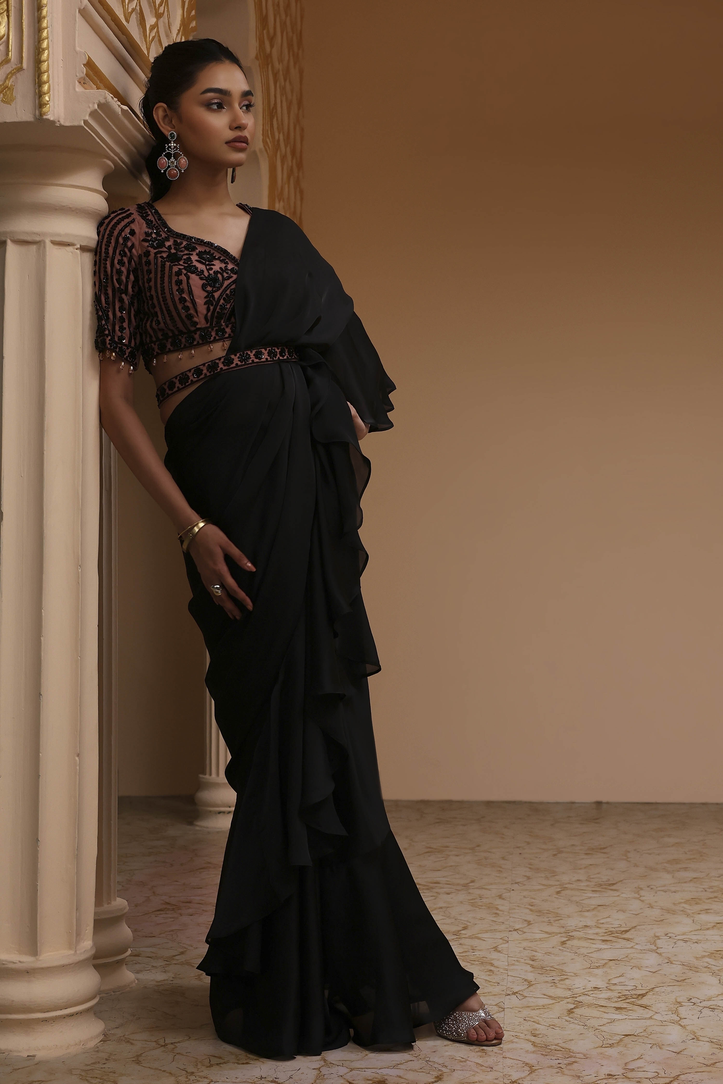 Black Modal Satin Pre-Draped Saree image number 0
