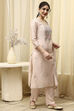 Beige Cotton Blend Machine Embroidered Unstitched Suit Set image number 6