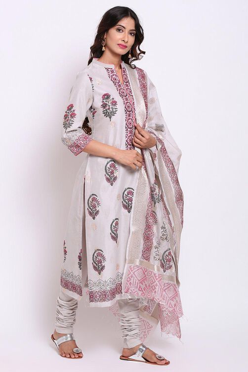 Light Grey Straight Kurta Churidar Suit Set image number 4