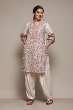 Off White Cotton Blend Straight Yarndyed 2 Piece Set image number 0
