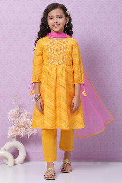 Yellow Cotton Flared Kurta Pant Suit Set image number 0