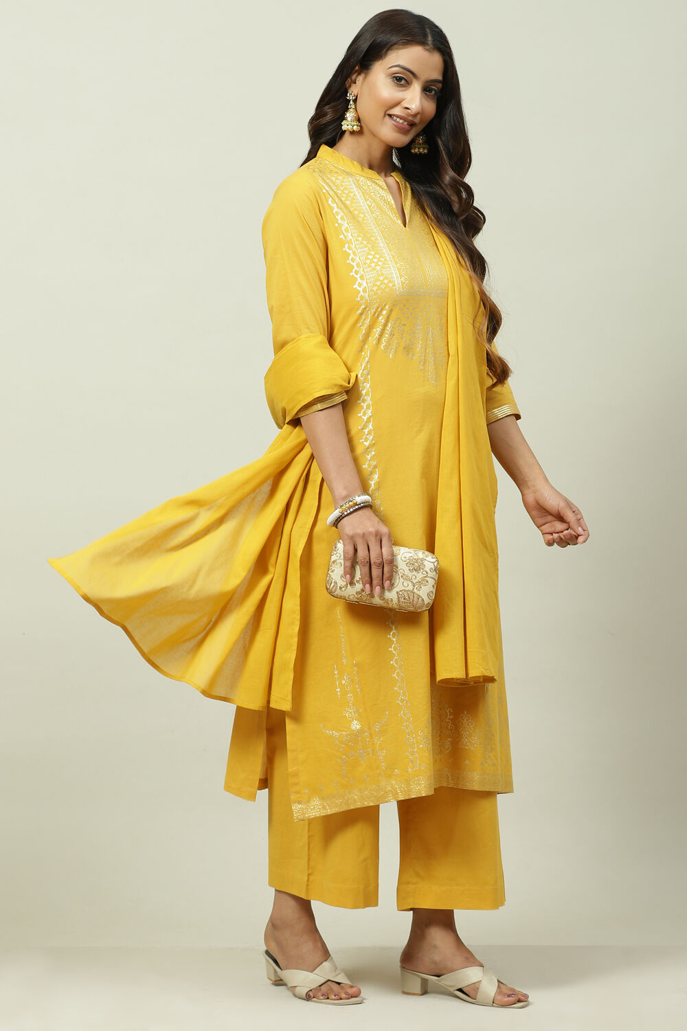 Mustard Printed Cotton Straight Kurta Palazzo Suit Set image number 7
