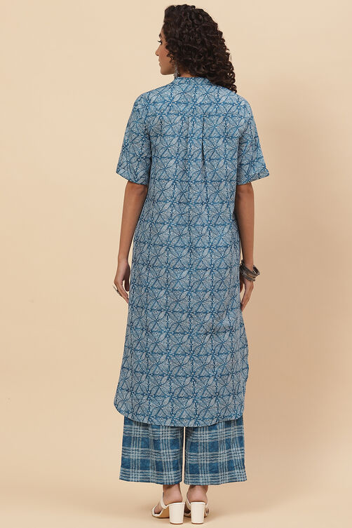 Indigo Cotton Straight Fusion Printed Kurta Set image number 4