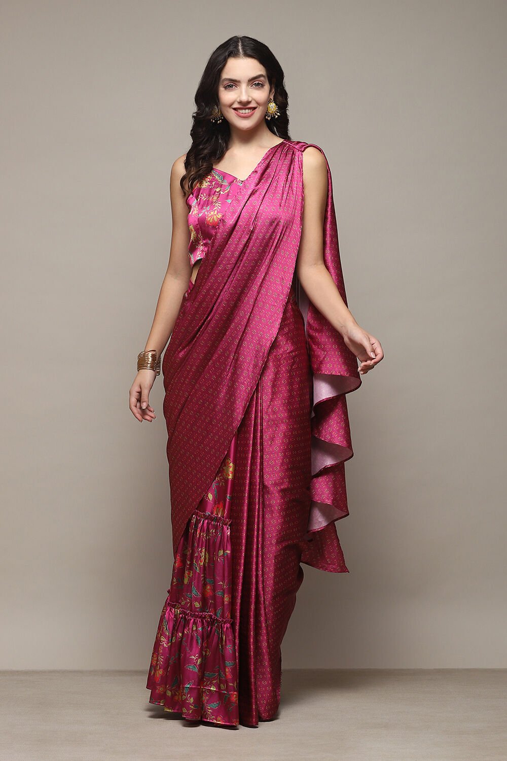 Plum Pre Draped Saree A Stitched Blouse With Floral Prints