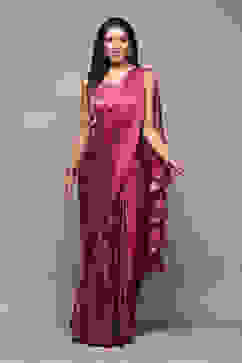 Plum Pre-Draped Saree & A Stitched Blouse With Floral Prints image number 0