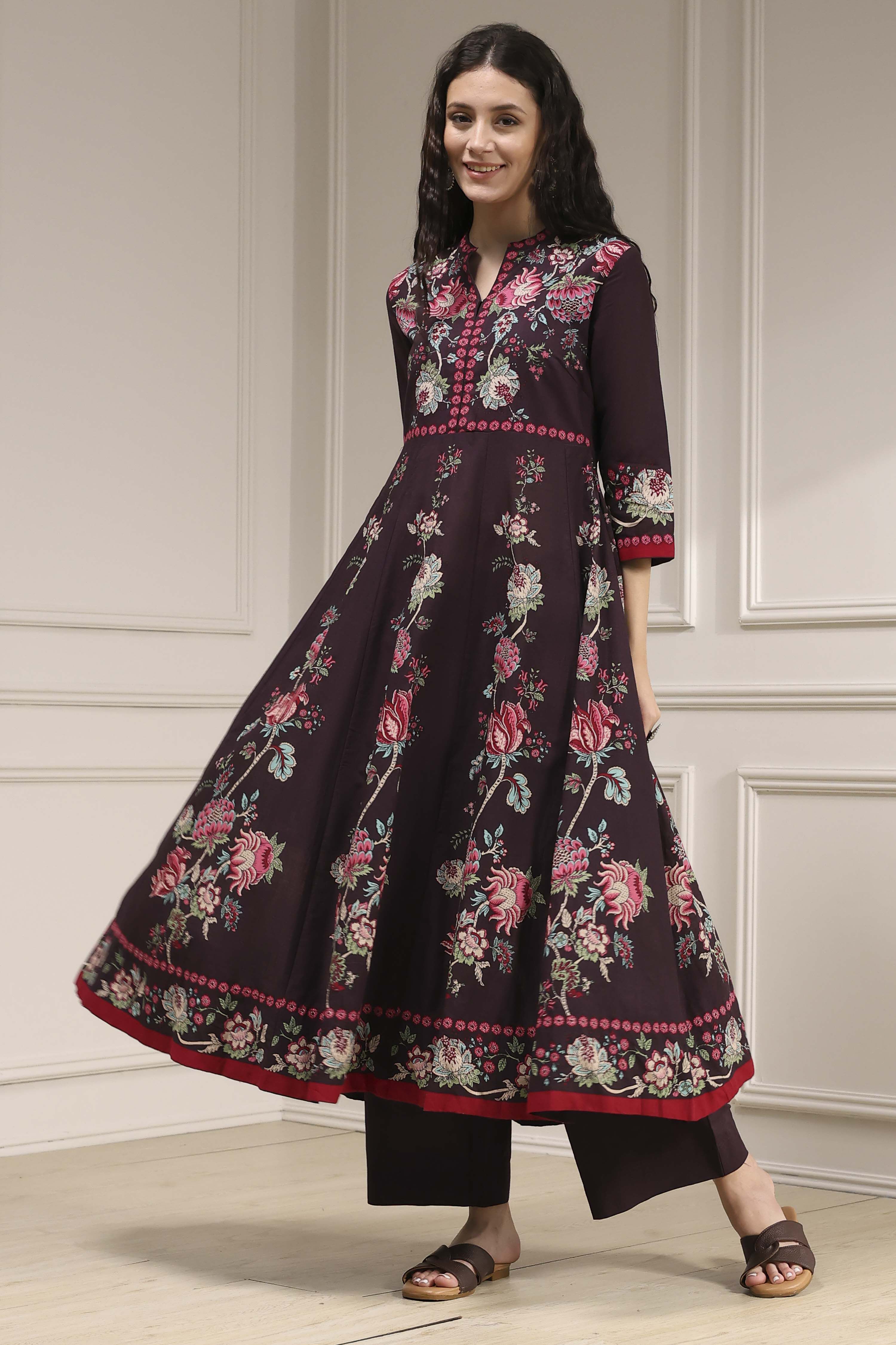 Brown Cotton Printed Anarkali Suit Set image number 6