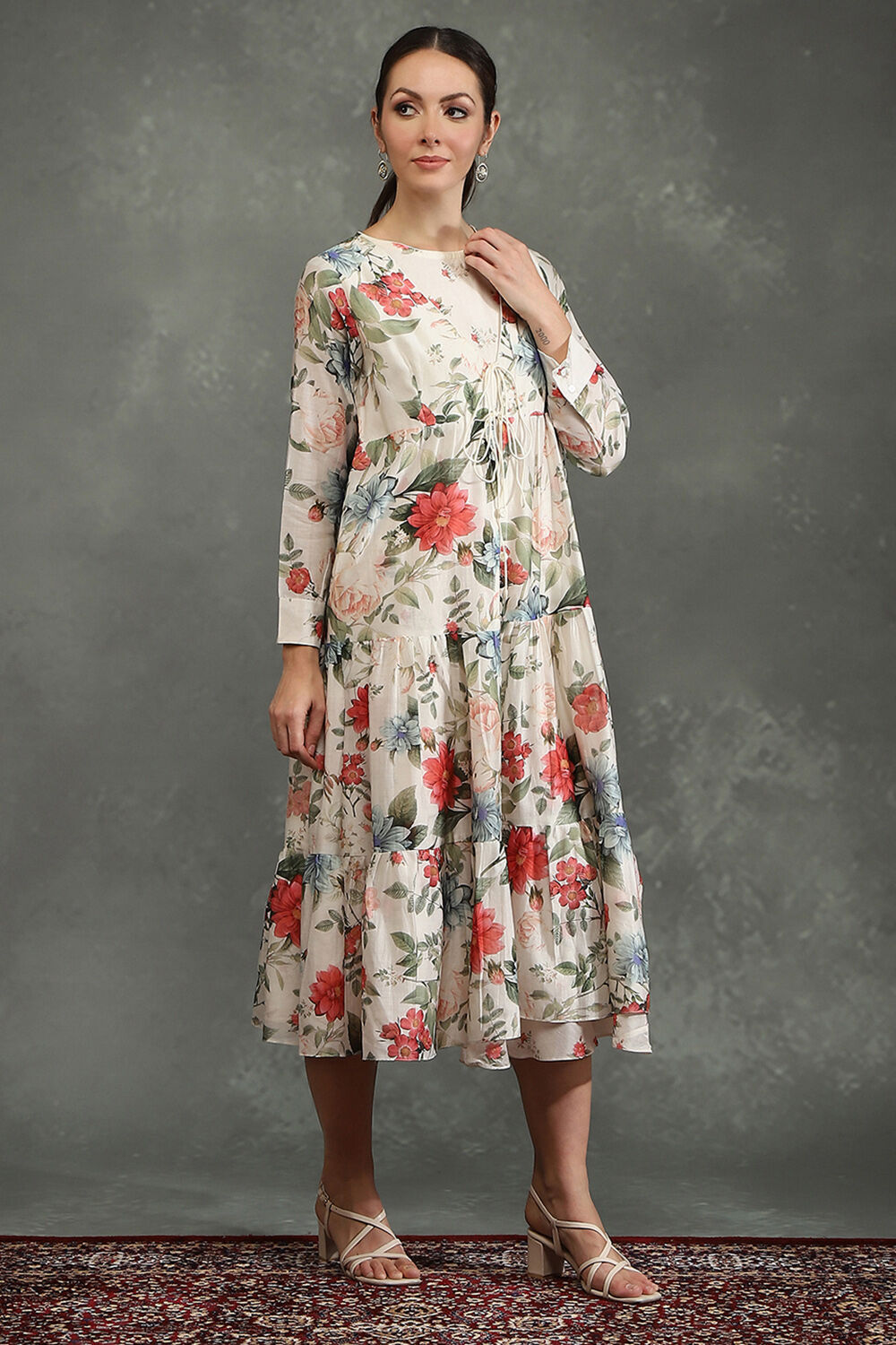 Ivory Silk Chanderi Floral Front-Open Dress image number 4