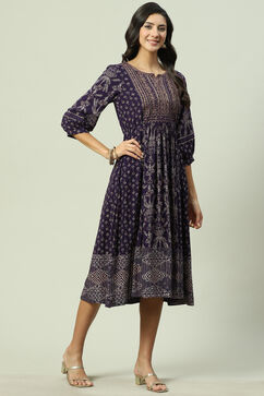 Purple Rayon Flared Printed Kurta Dress image number 2