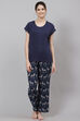 Navy Straight Viscose And Acrylic Three Piece Sleepwear Set image number 3