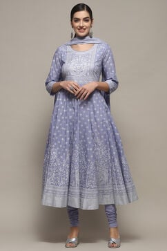 Powder Blue Cotton Anarkali Suit Set image number 7