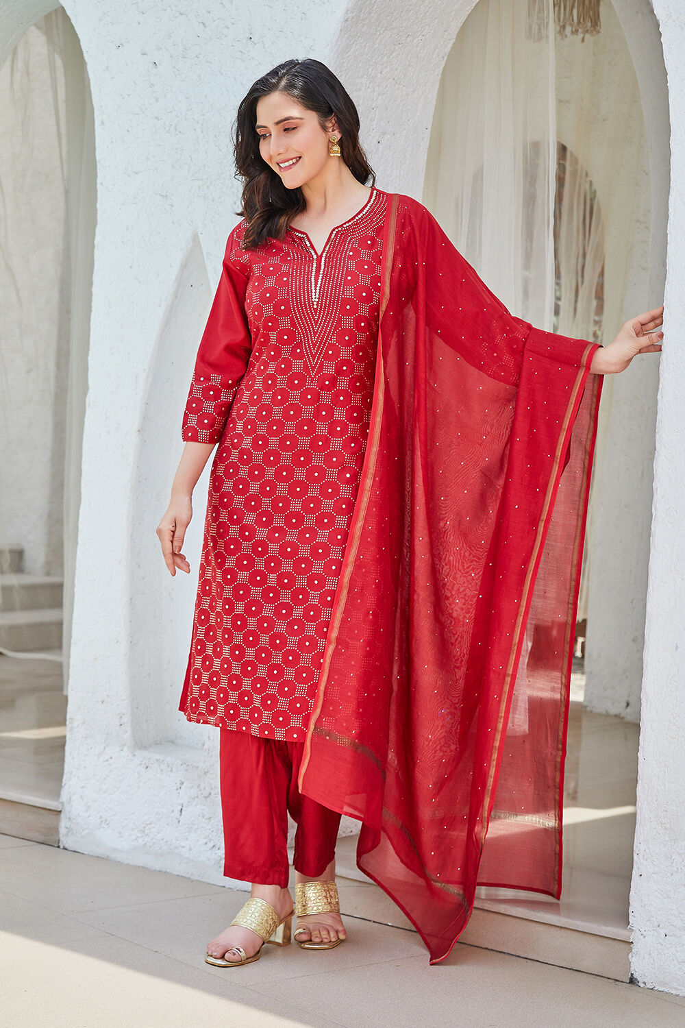 Pink Yard-Dyed Chanderi Kurta & Pants Suit Set image number 3