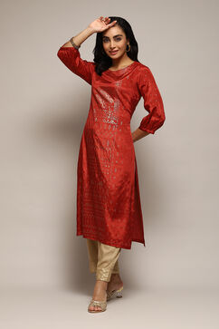 Rust Orange Viscose Straight Printed Kurta image number 0