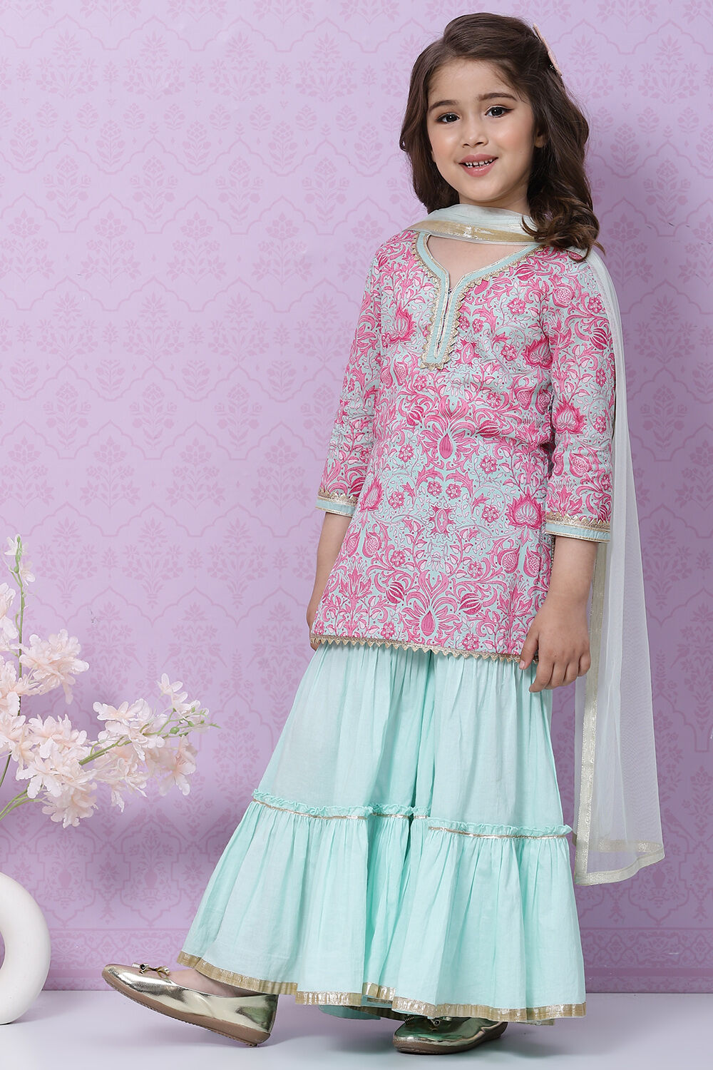 Powder Green Cotton Sharara Kurta Sharara Suit Set image number 5