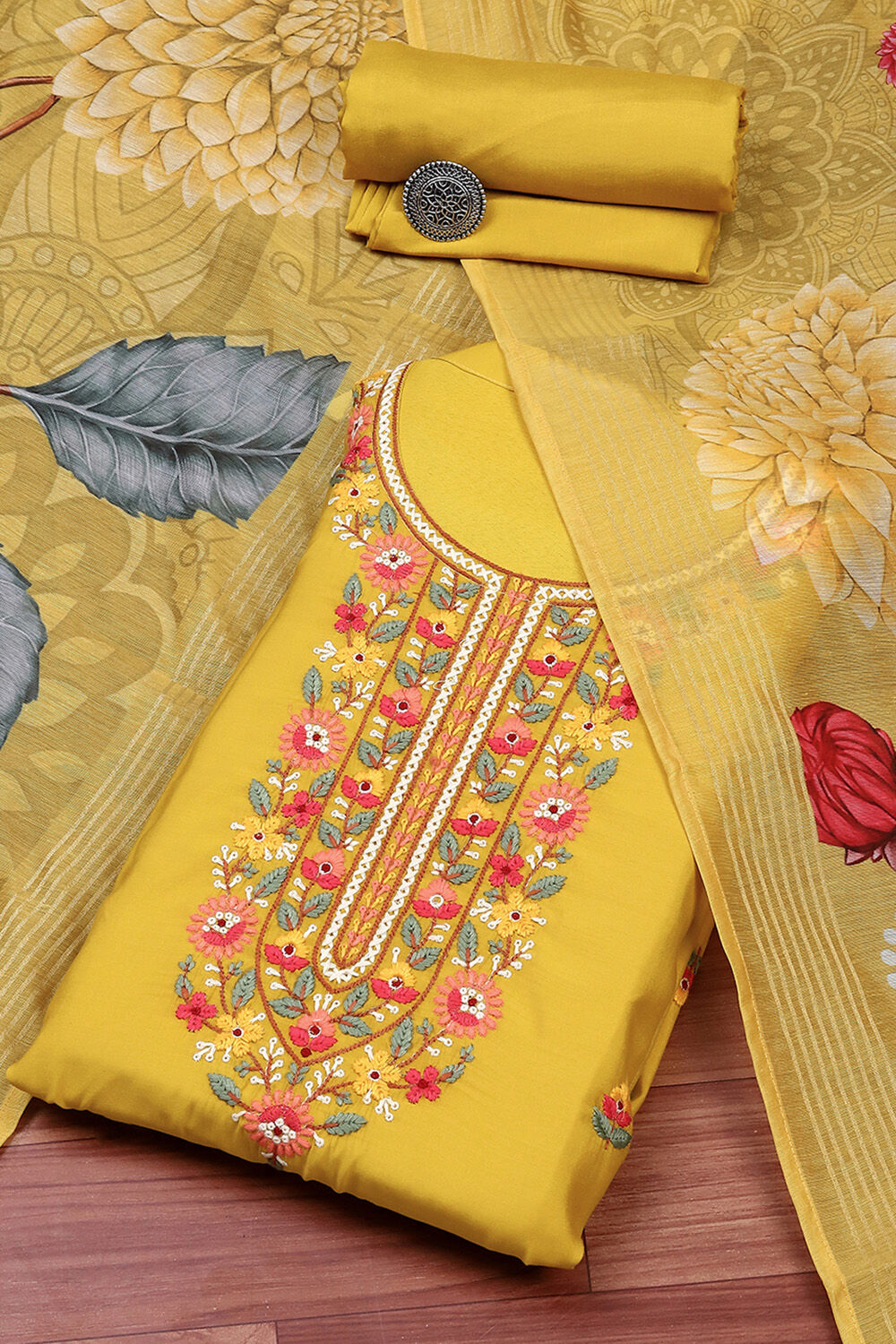 Yellow Silk Blend Machine Embroidered Unstitched Suit Set image number 0