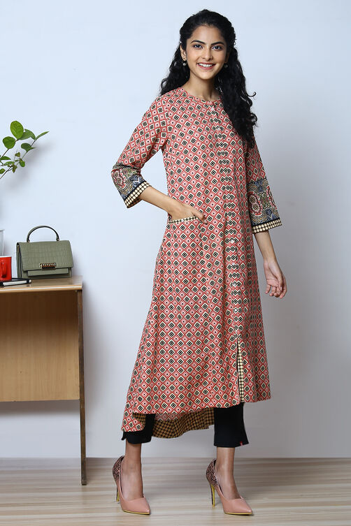 Pink Cotton Flax Printed Kurta image number 2