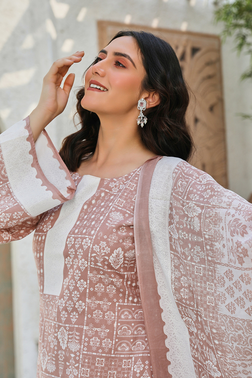 Buy Mauve Cotton Blend Digital Print Unstitched Suit Set Online at