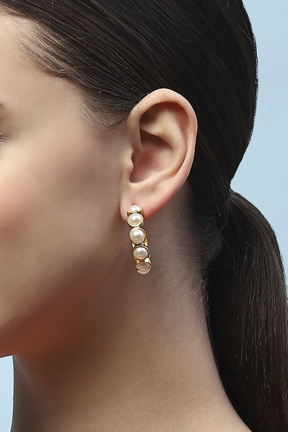 White Gold-Plated Pearl Contemporary Hoops image number 3