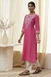 Pink Pure Cotton Printed Straight Kurta image number 2