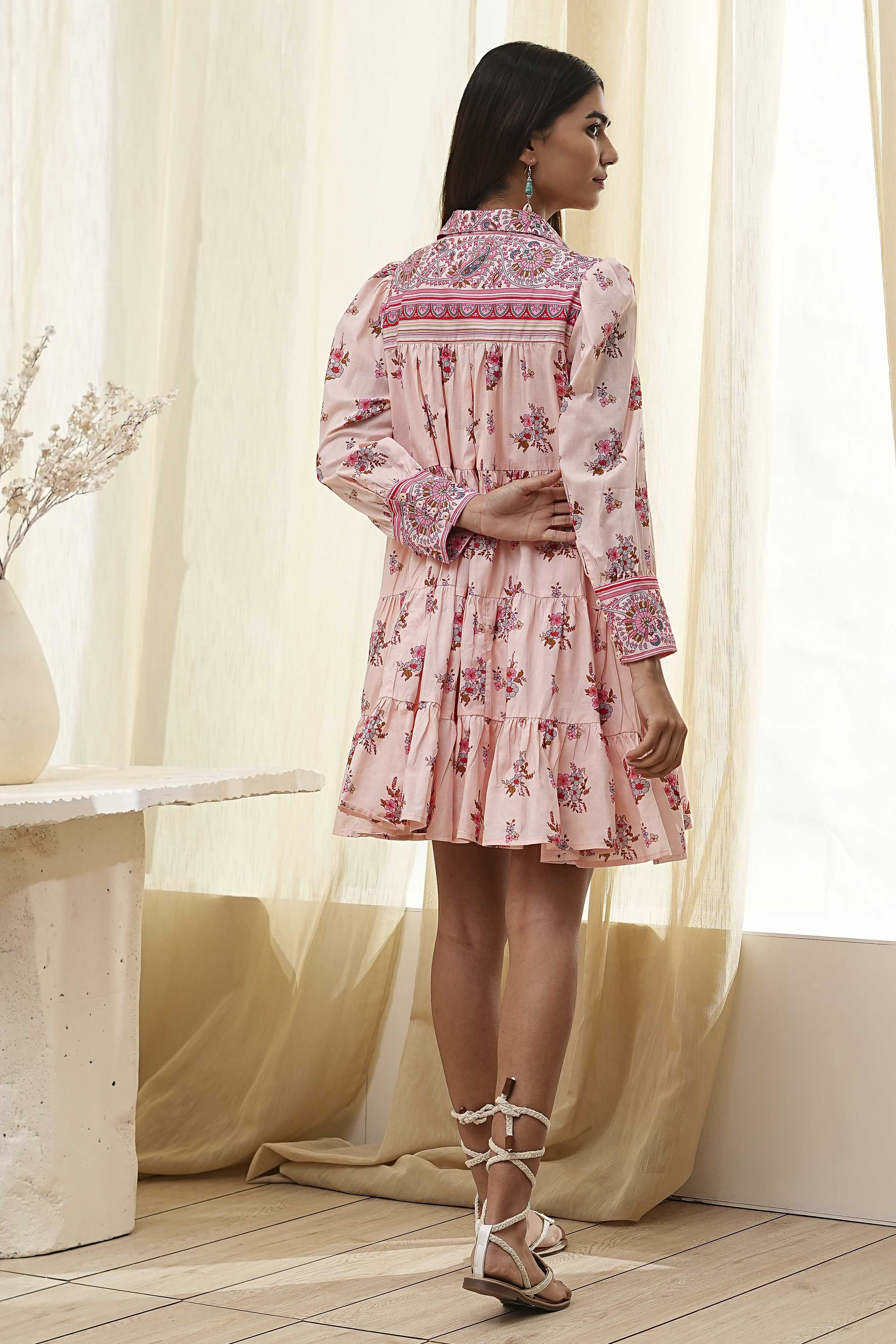 Peach-Colored Cotton  Floral Tiered Dress image number 3