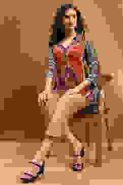 Rust and Green Block Printed Shirt Style Short Kurta image number 0