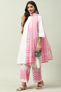 White and Pink Cotton Straight Kurta Palazzo Suit Set image number 0