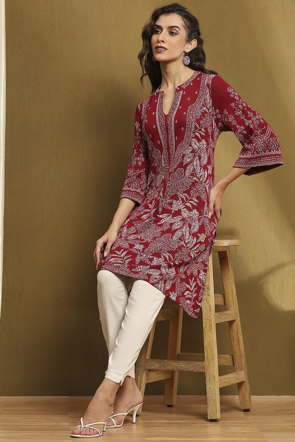 Maroon Jacquard Winter wear Straight Kurta image number 0