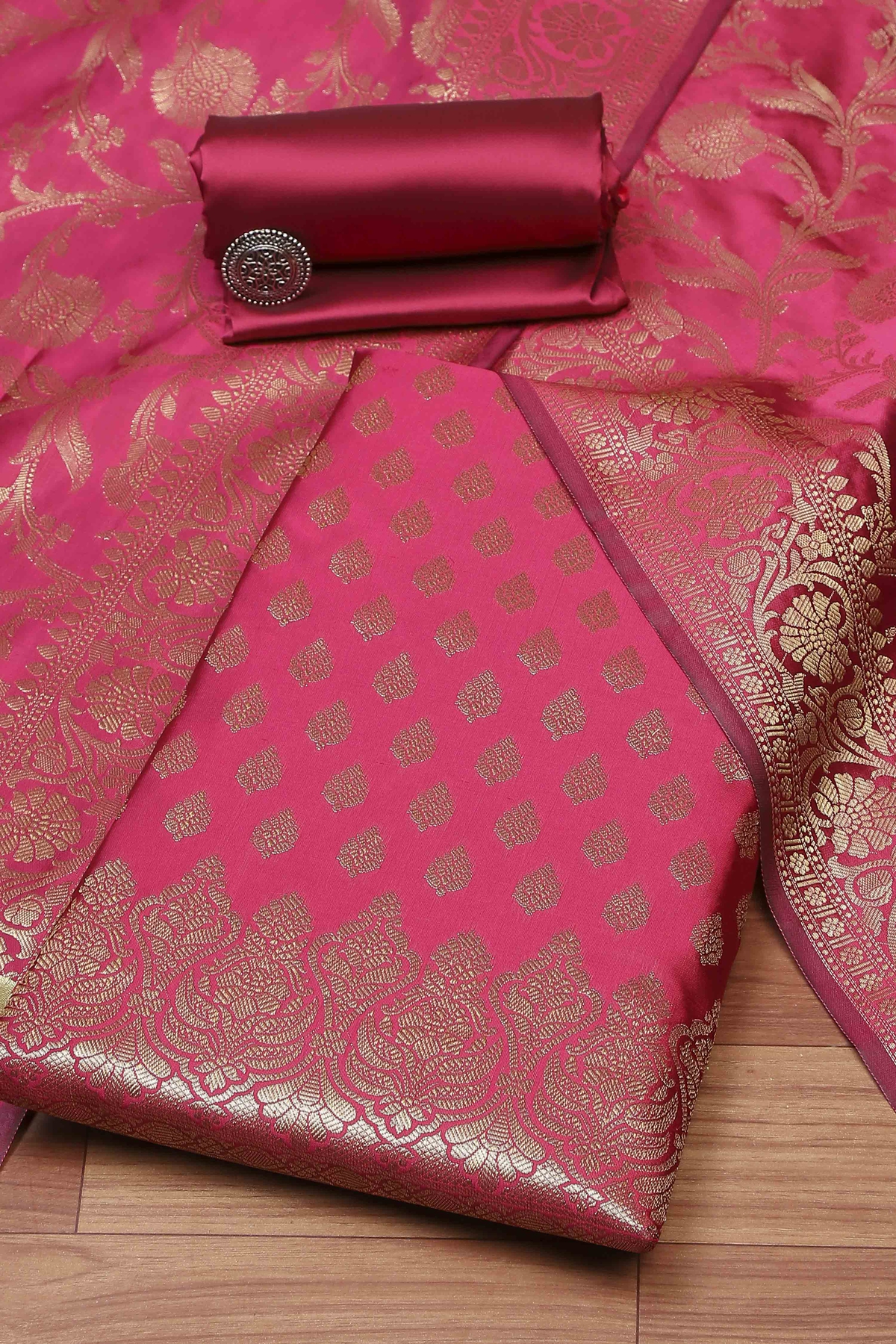 Pink Cotton Printed Embroidered Unstitched Suit Set