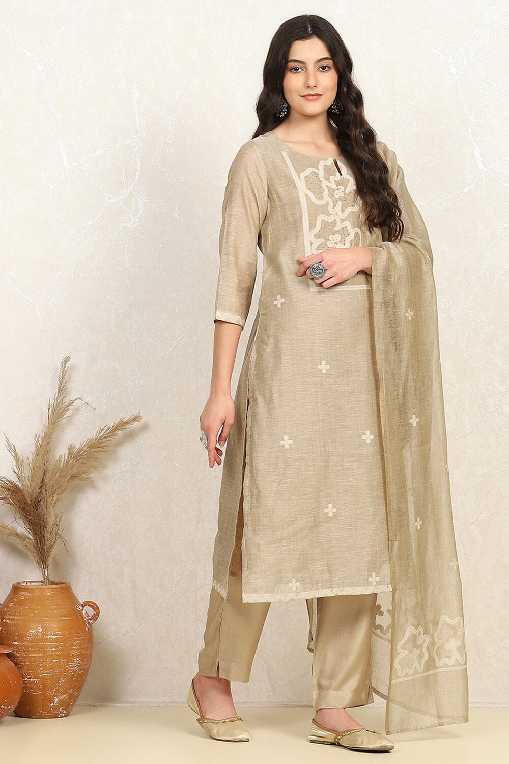 Beige Chanderi Hand Embroidered Unstitched Suit Set image number 6