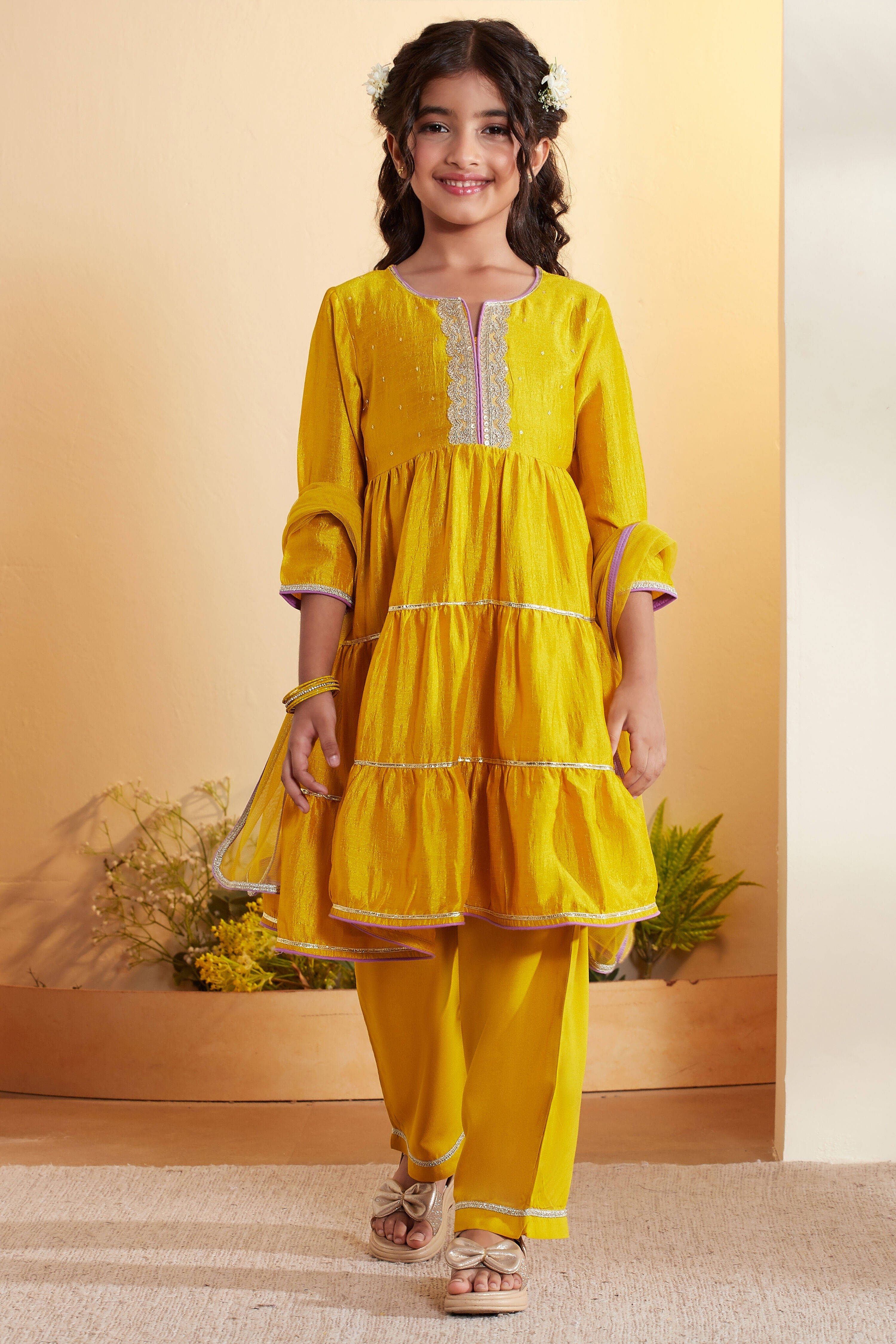 Yellow Viscose Silk Yoke Design Tiered Kurta Set image number 6