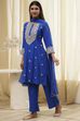 Blue Embroidered Straight Suit Set image number 3
