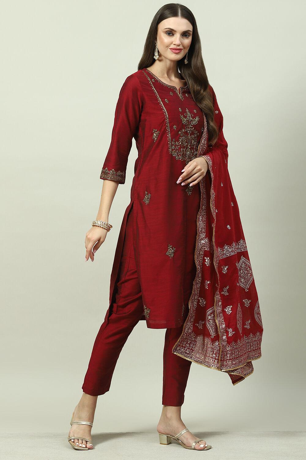 Maroon Poly Viscose Straight Kurta Slim Pants Suit Set image number 6
