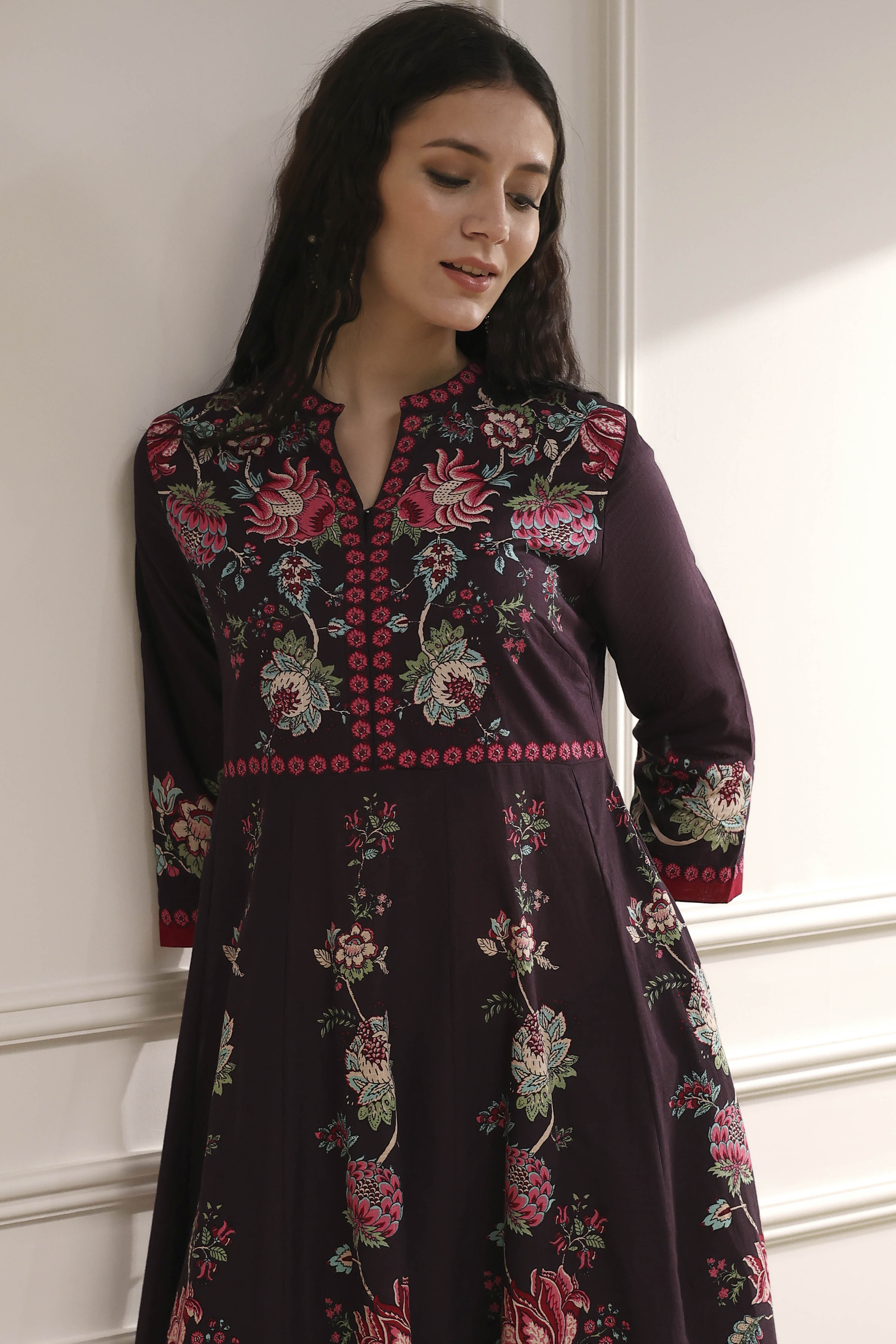 Brown Cotton Printed Anarkali Suit Set image number 1