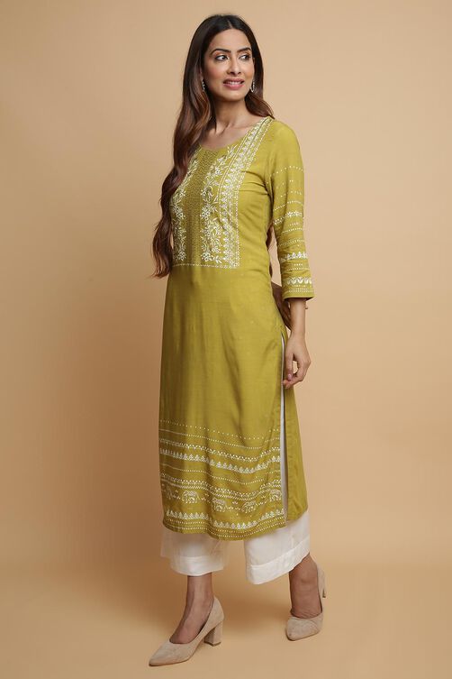 Green Rayon Straight Kurta Palazzo Suit Set image number 3