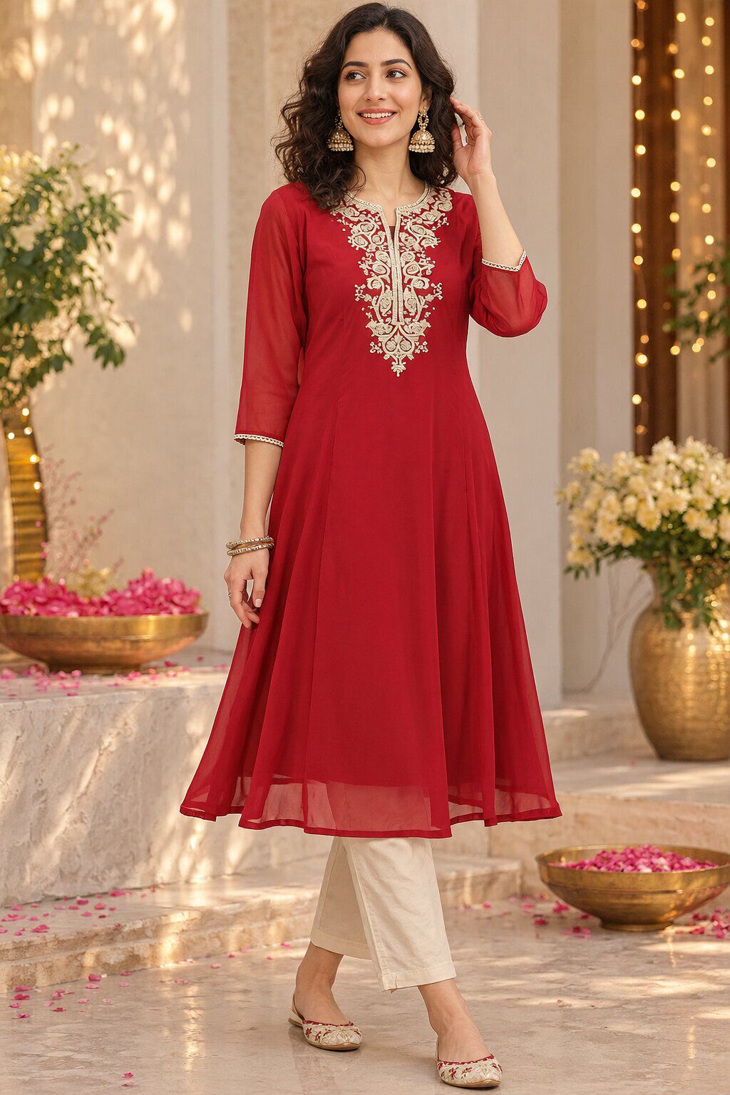 Red Poly Cotton A-Line Kurta image number 0