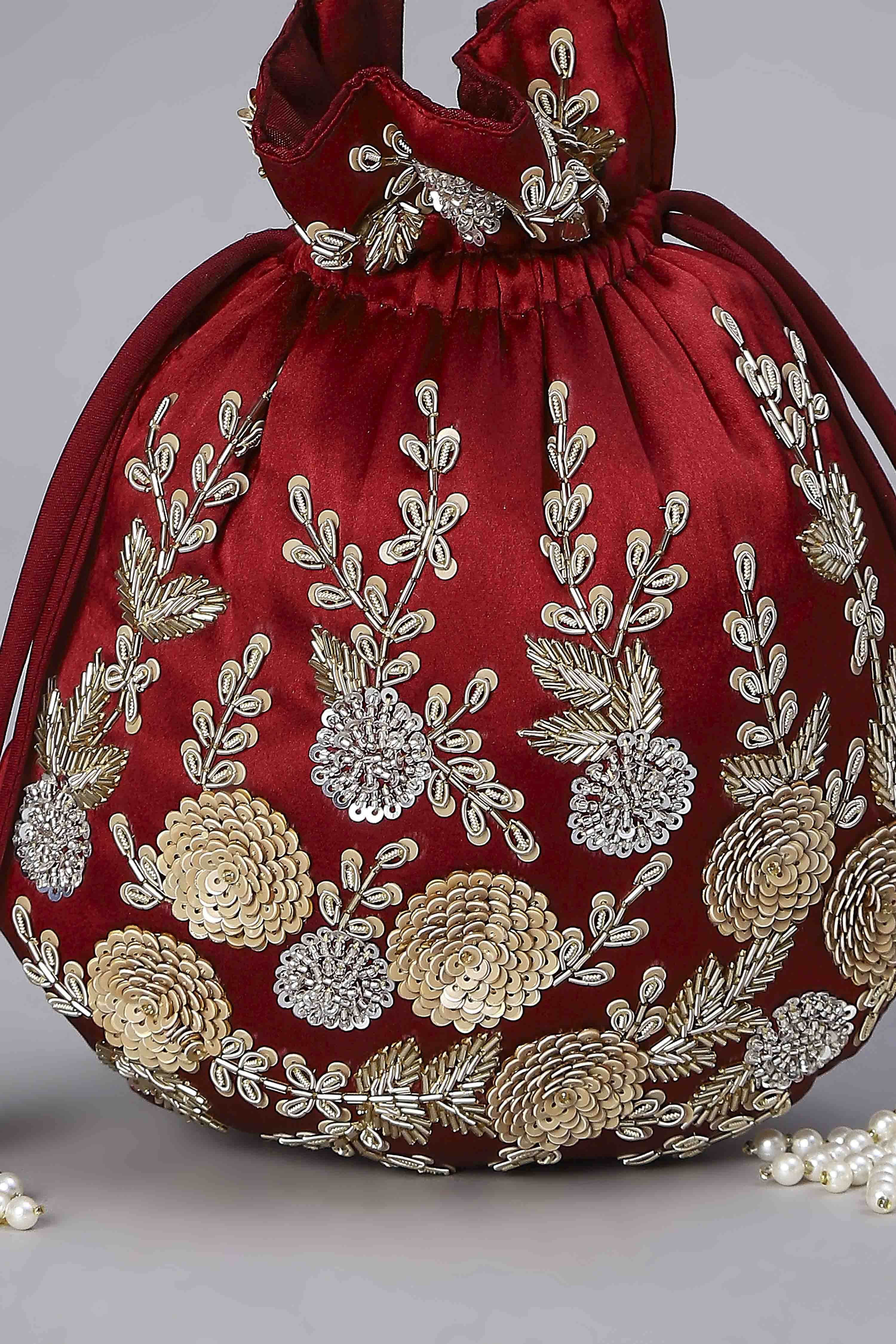 Maroon Fabric Potli Bag image number 6