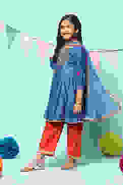 Blue Orange Poly Viscose A-Line Solid Suit Set image number 5