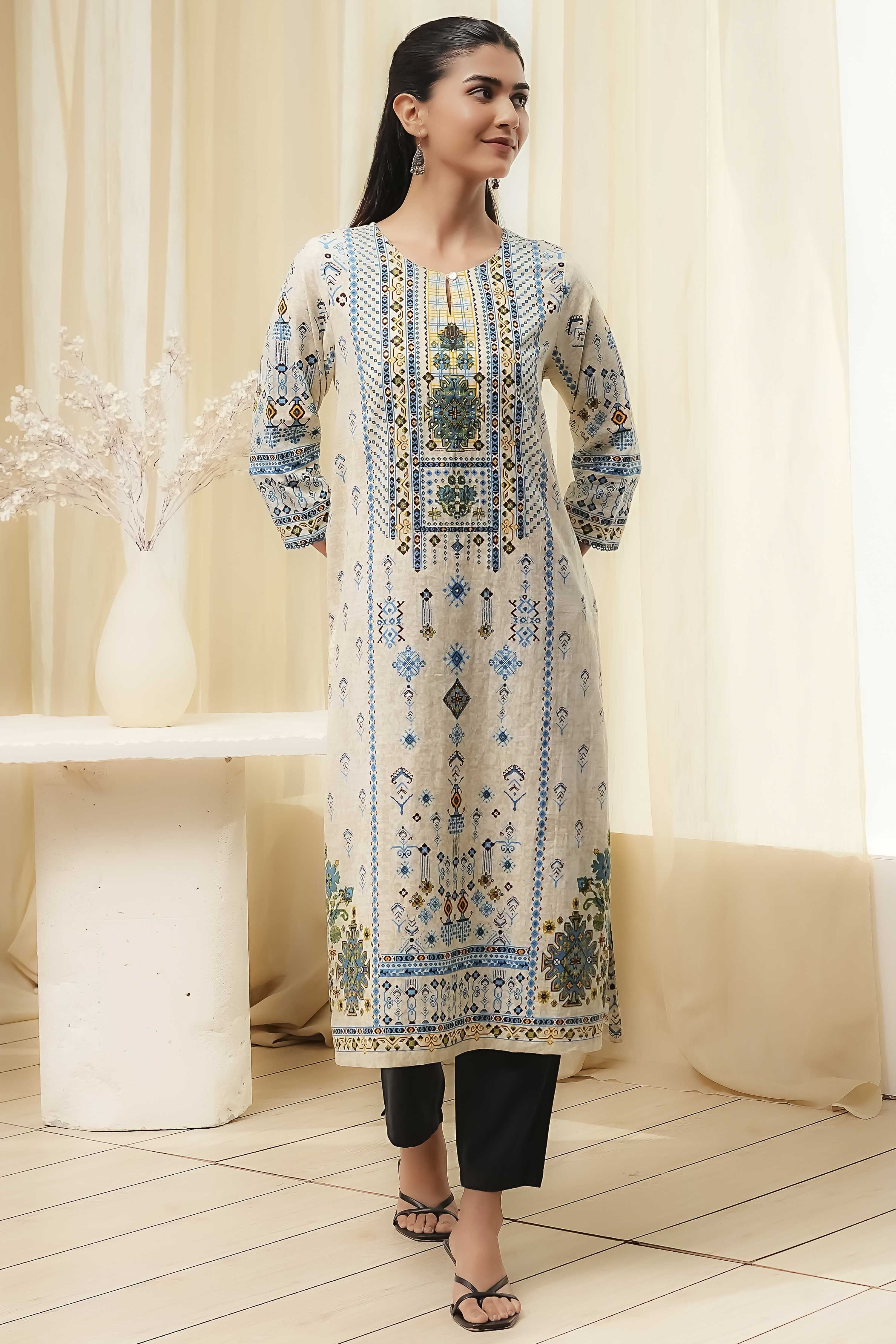 Off-White and Blue Cotton Straight Kurta image number 5