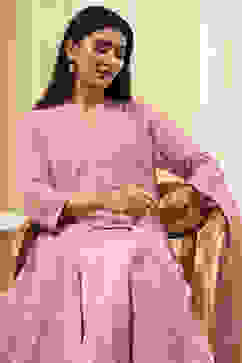 Powder Pink Embroidered Front Open Suit Set image number 6