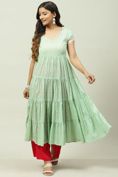 Green Art Silk Flared Kurta image number 1