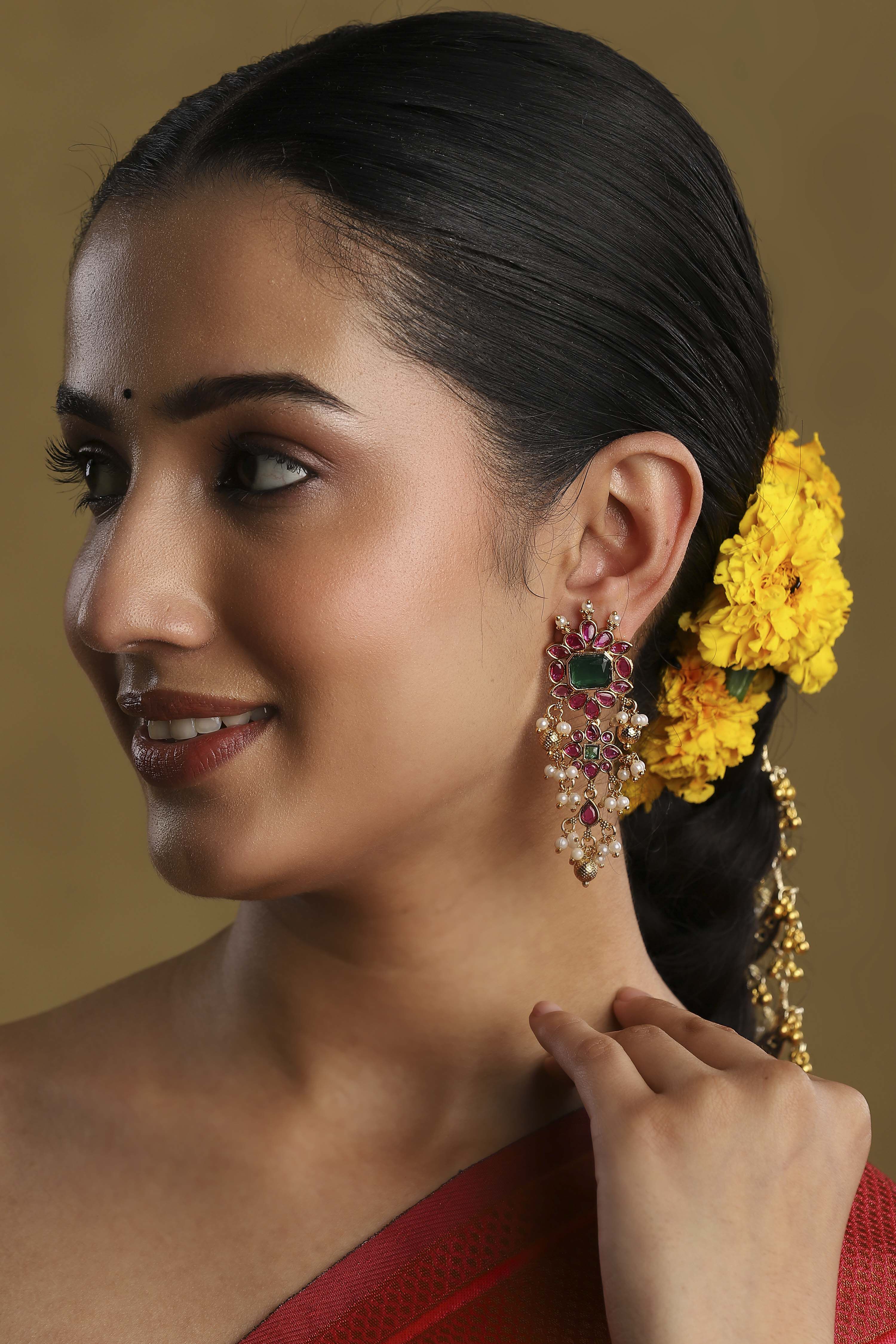 Multicolour Gold Plated Brass Studded Drop Earrings image number 3