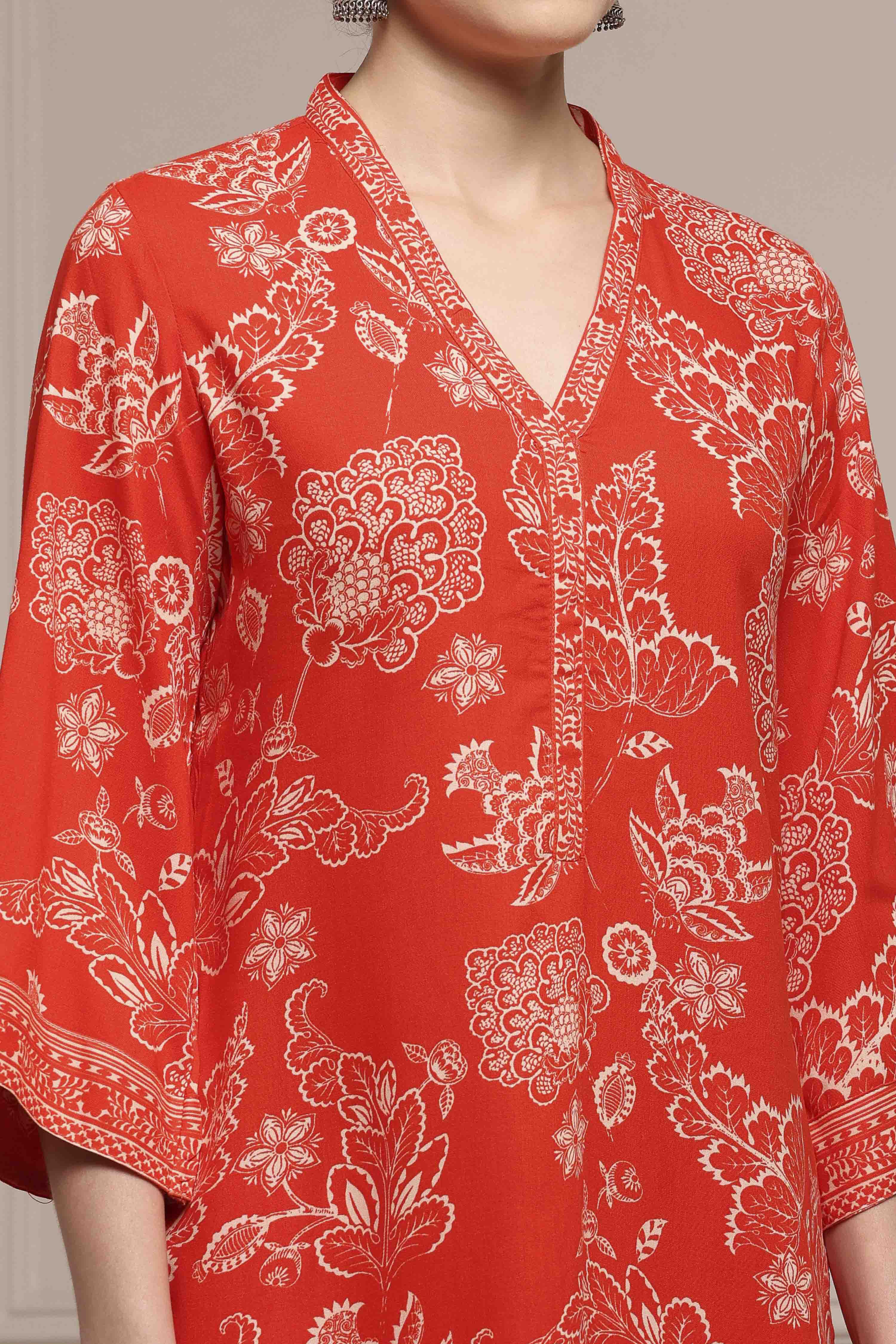 Red Floral Printed Straight Suit Set image number 1