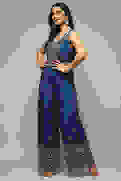 Blue Embroidered Straight Jumpsuit image number 5