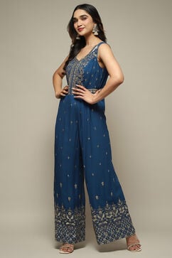 Blue Viscose Straight Embroidered Jumpsuit image number 5