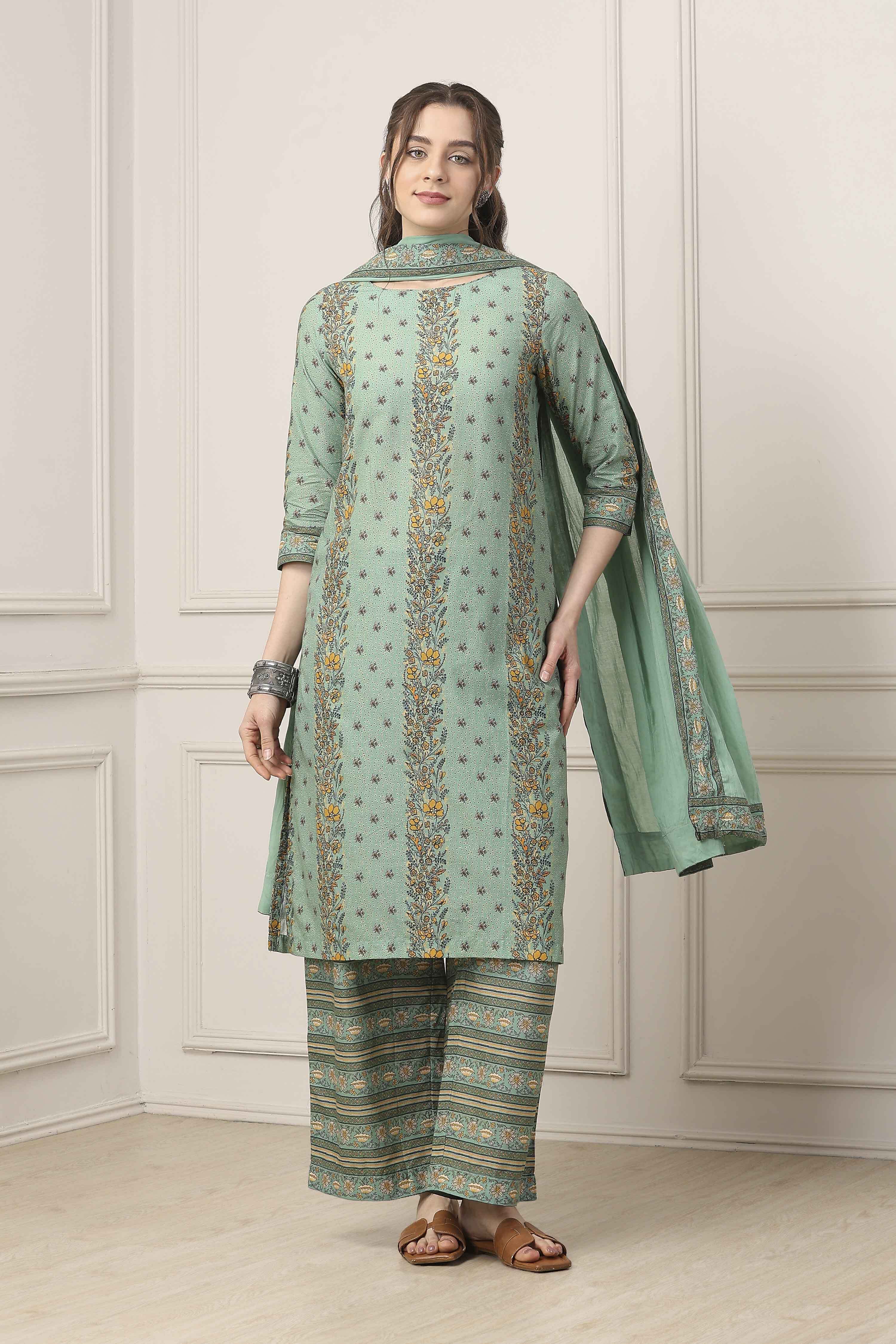 Sage Green Printed Cotton Straight Suit Set image number 6