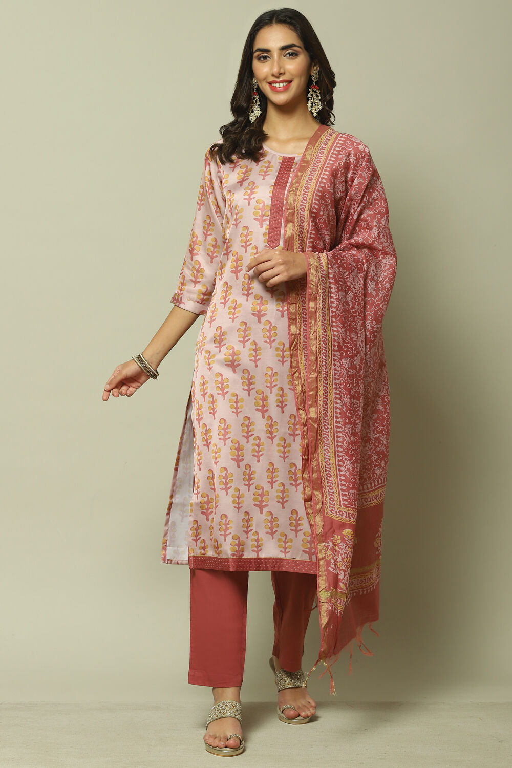 Pink Modal Printed Unstitched Suit Set image number 1