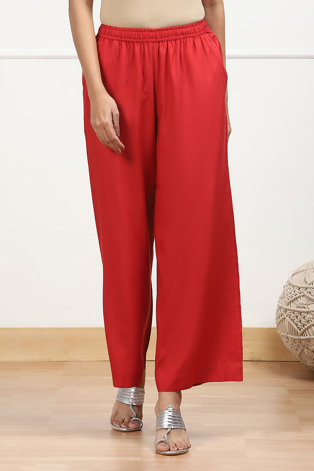 Navy Blue Viscose Solid Straight Palazzos image number 4