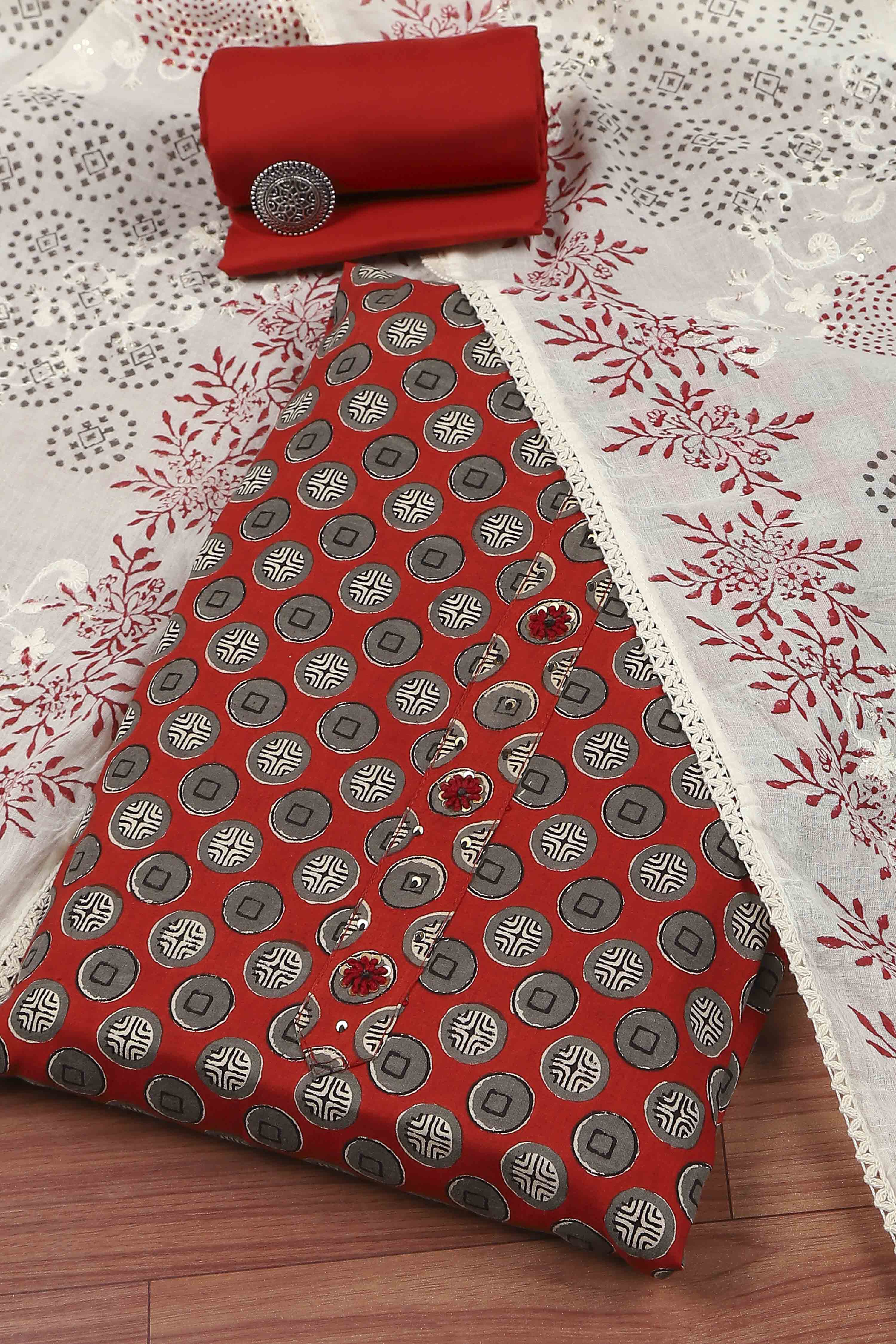 Red Cotton Printed Embroidered Unstitched Suit Set image number 0