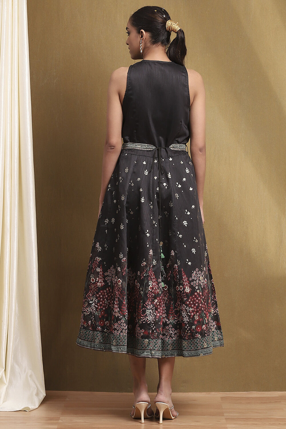 Black Dupion Floral Printed Flared Dress image number 3