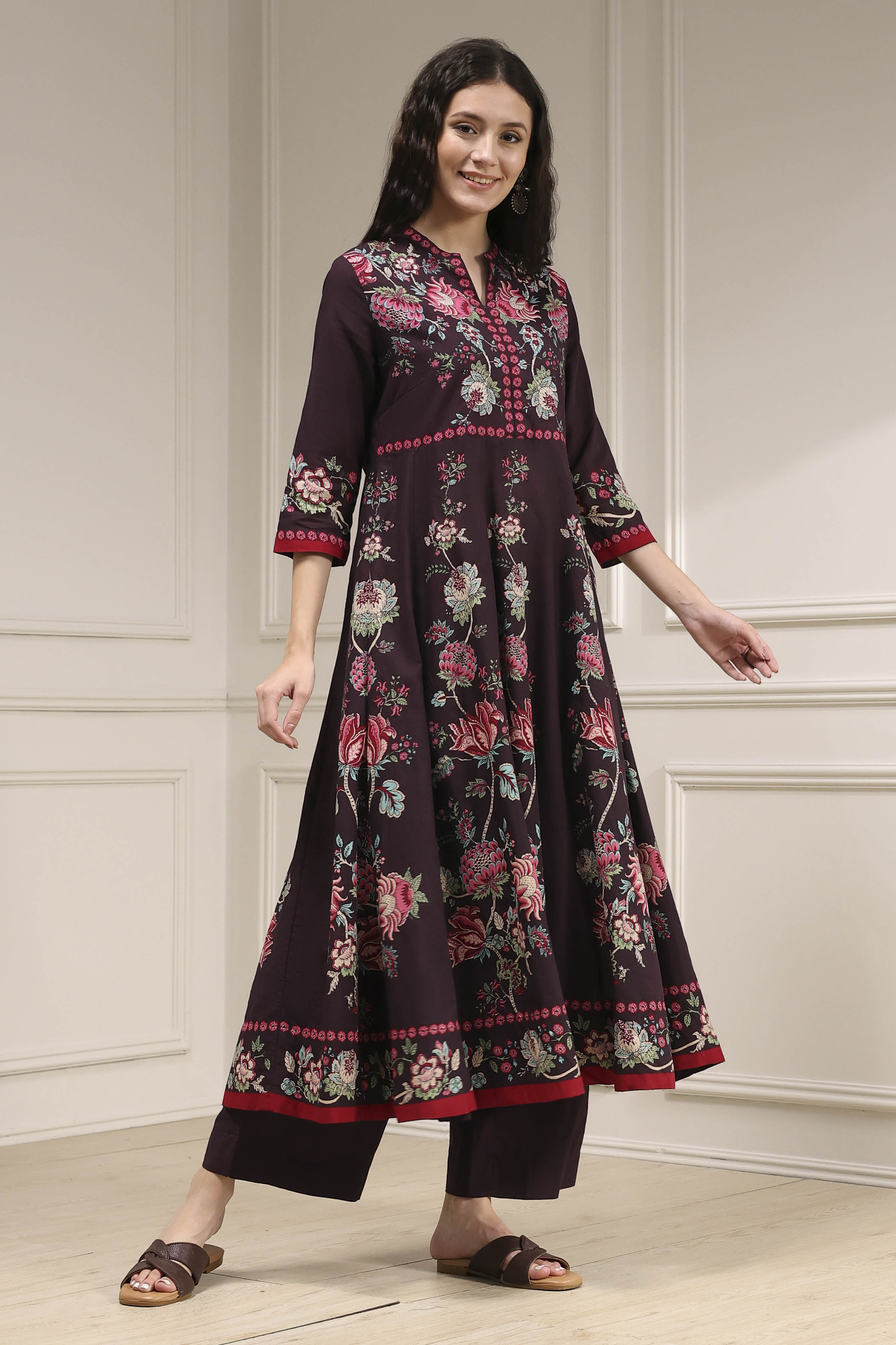 Brown Cotton Printed Anarkali Suit Set image number 5